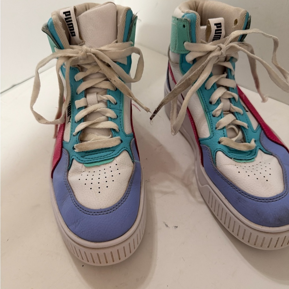 Puma White High Top Sneakers with Pink, Blue, and Green Accents size 5 - Picture 3 of 10